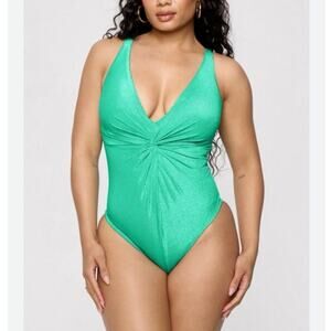 Yitty Fabletics green shimmer Shaping Swim Luxe Twist Plunge One Piece size XL